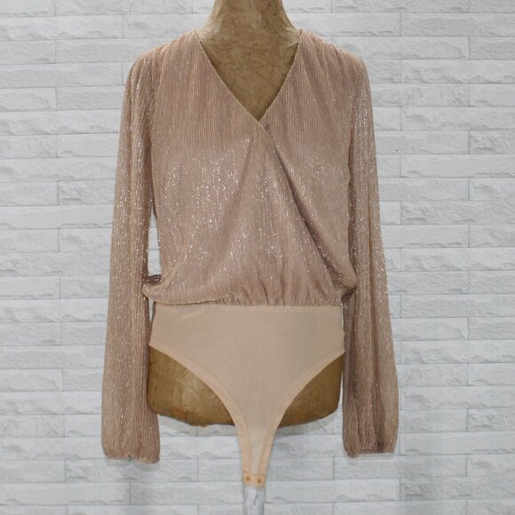 MITTOSHOP Bodysuit Sheer Gold Shimmer Chiffon Crossover Long Sleeve Party Large - Picture 1 of 13